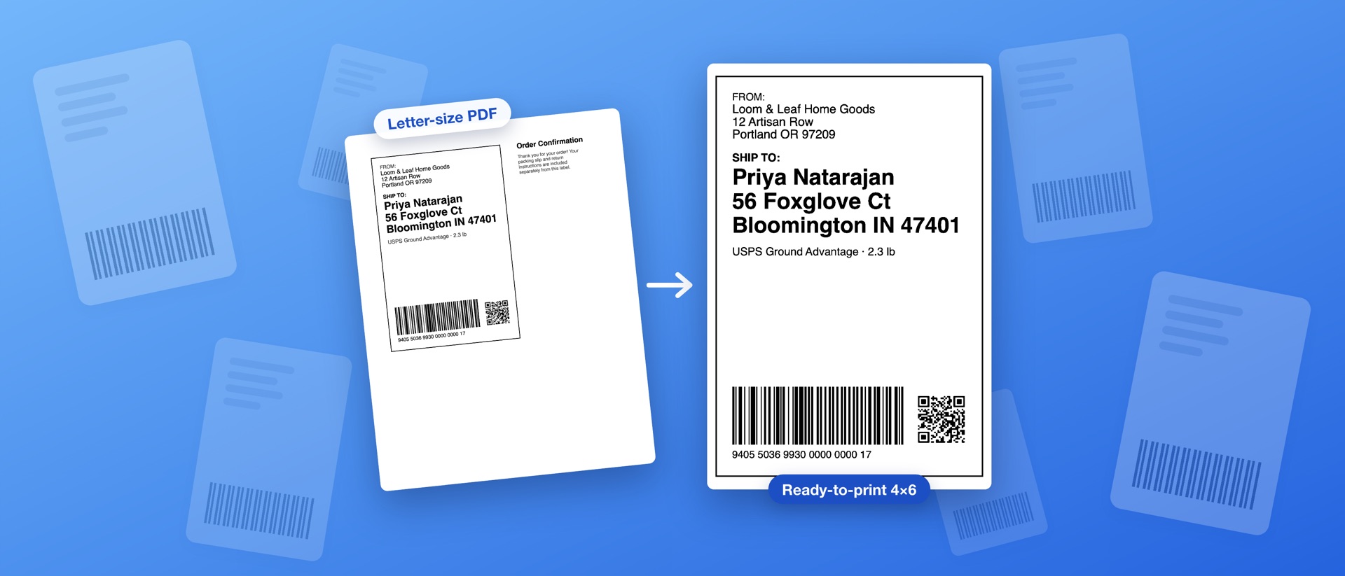 A letter-size shipping label PDF next to the clean 4×6 label Label Magic makes from it