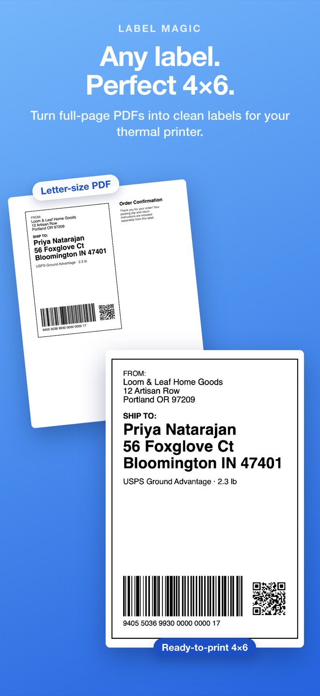Label Magic turns a full-page PDF into a 4×6 label