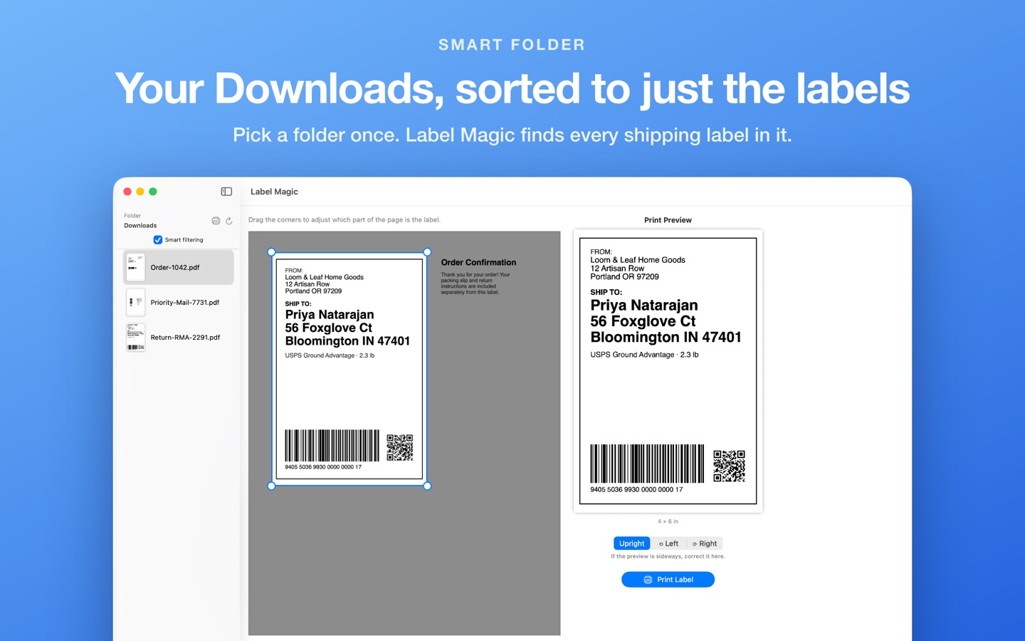 Label Magic on Mac, showing a folder of labels, the crop editor and the print preview